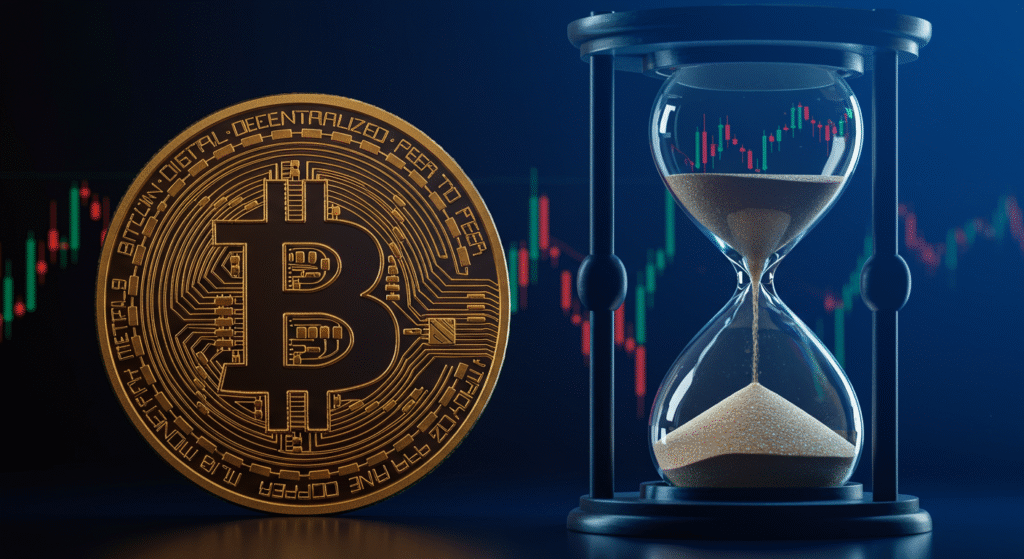 Bitcoin y reloj de arena Invertir en bitcoins, moneda de bitcoin junto a un reloj de arena y de fondo el gráfico de btc con sus velas verdes y rojas