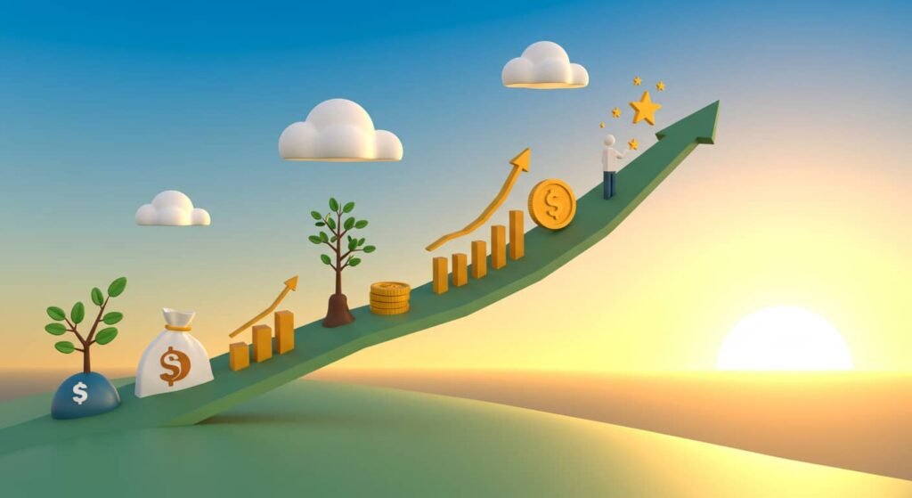 Camino ascendente de la inversión, con el tiempo la inversión, el ahorro y la rentabilidad crecen hasta alcanzar los objetivos.