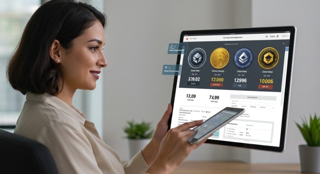 Mujer comprando criptomonedas con su tablet