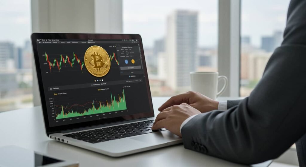 Persona operando con Bitcoins en su ordenador 