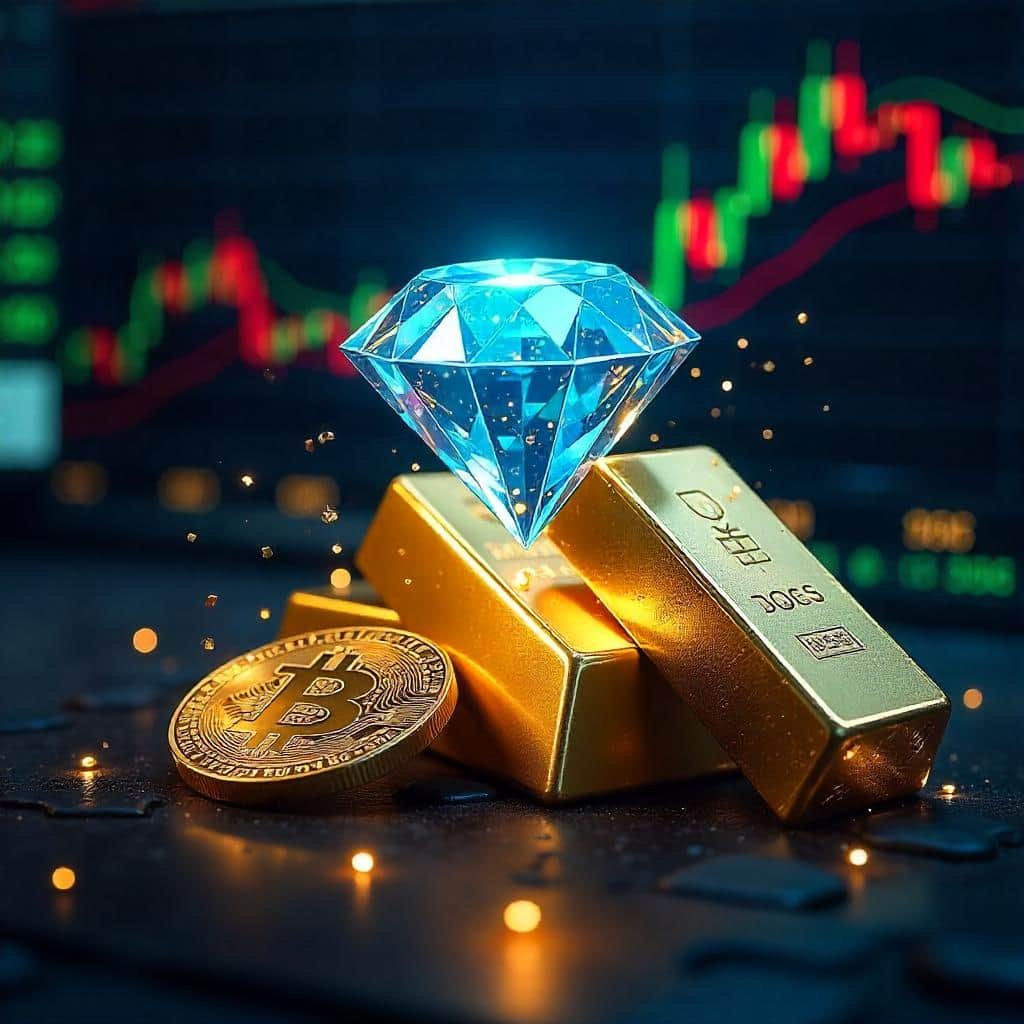 Moneda de bitcoin, junto a 2 lingotes de oro y un diamante