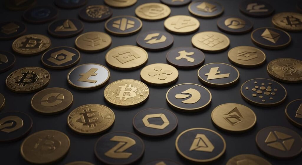 Tipos de criptomonedas, variedad de monedas cripto puestas en un tapete de color oscuro