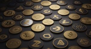 Tipos de criptomonedas, variedad de monedas cripto puestas en un tapete de color oscuro
