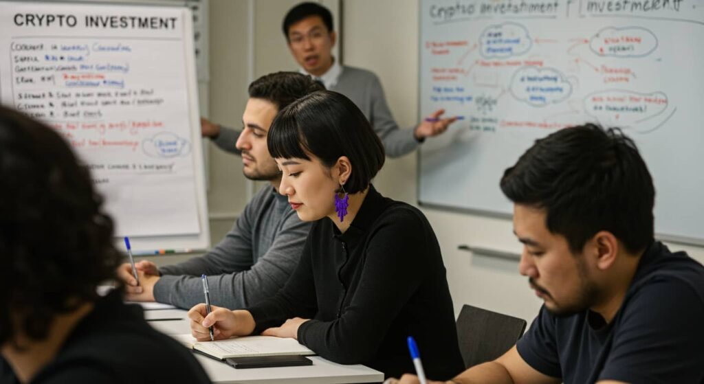Como invertir en criptomonedas en 2025, personas tomando una clase presencial de inversión en criptomonedas