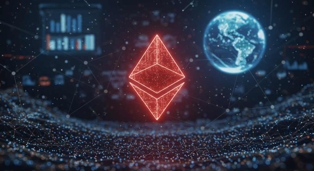Logo iluinado en color rojo de la criptomoneda ethereum junto con el planeta tierra iluminado en azul con fondo negro