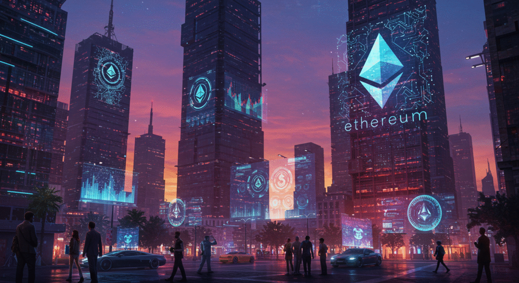 Ciudad futurista en la que se proyectan logos de ethereum iluminando sus rascacielos