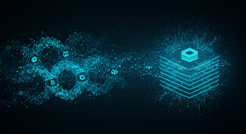 Criptomonedas inteligencia artificial, fondo oscuro simulando el universo donde los logos de las criptomonedas emulan ser estrellas