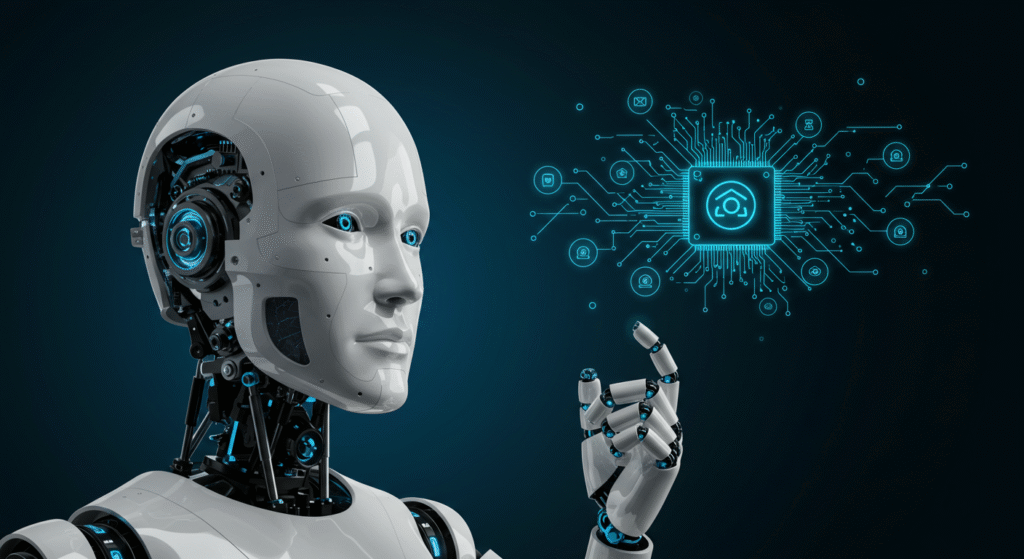 Robot humanoide mirando el logo de una criptomoneda de inteligencia artificial