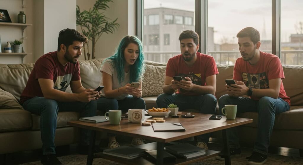 Cuatro personas invirtiendo en criptomonedas cada una con su propio smartphone