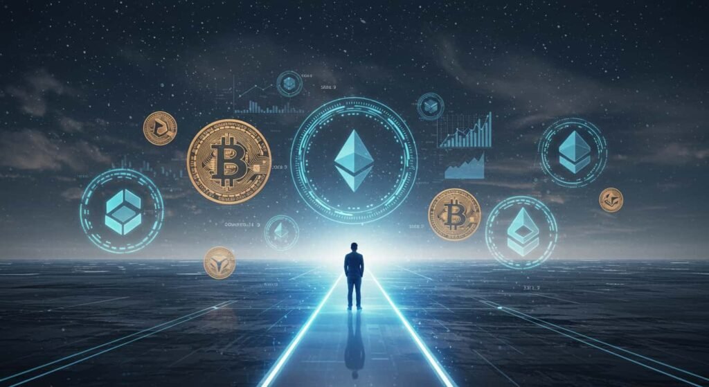 Persona tomando los primeros pasos en la inversión en criptomonedas, un camino con luces de los principales logos de criptomonedas proyectados en el cielo
