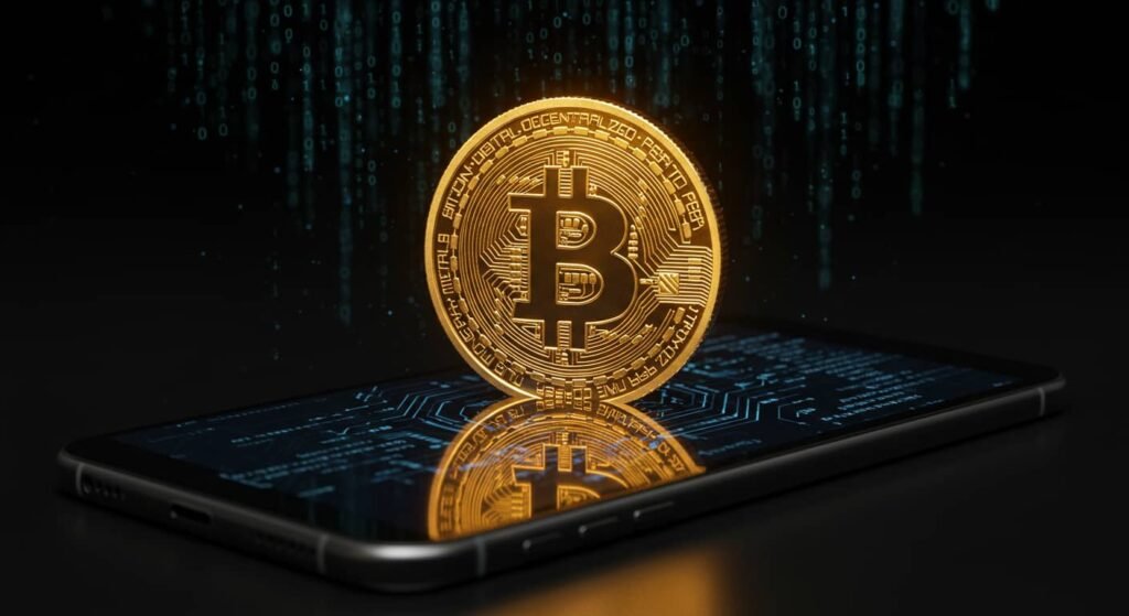 Que es bitcoin3 op Que son los bitcoins, moneda de bitcoin parada sobre un smartphone
