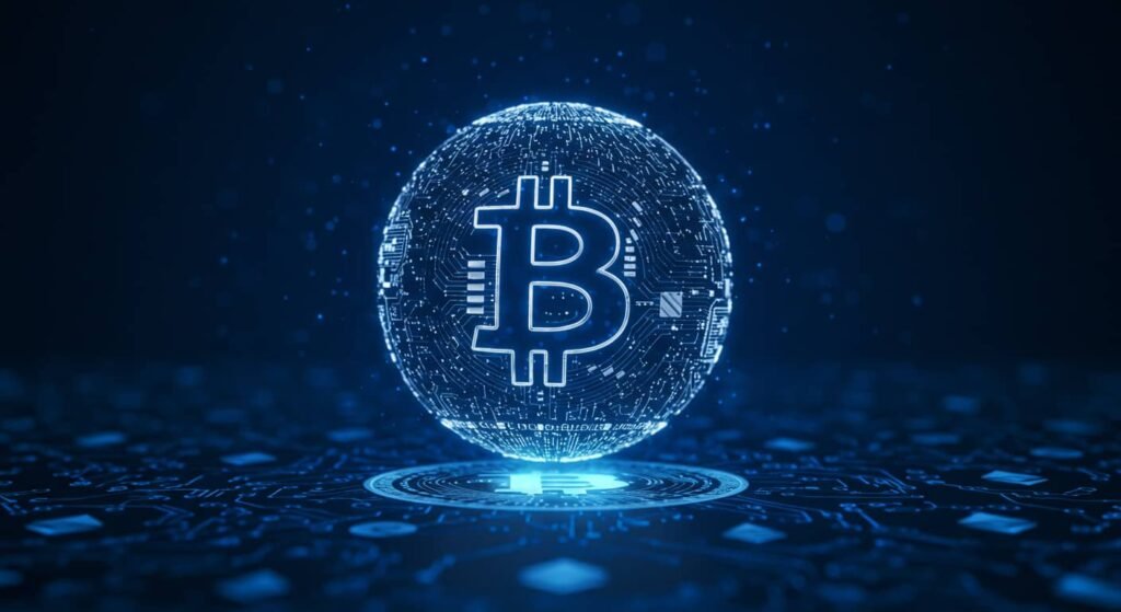Invertir en bitcoins. Holograma azul con fondo negro en forma de estrella del logo de bitcoin