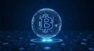 Invertir en bitcoins. Holograma azul con fondo negro en forma de estrella del logo de bitcoin