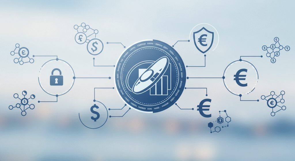 Stable coins Gráfico con diferentes monedas fiat unidas a una criptomoneda estable en el centro de la imagen