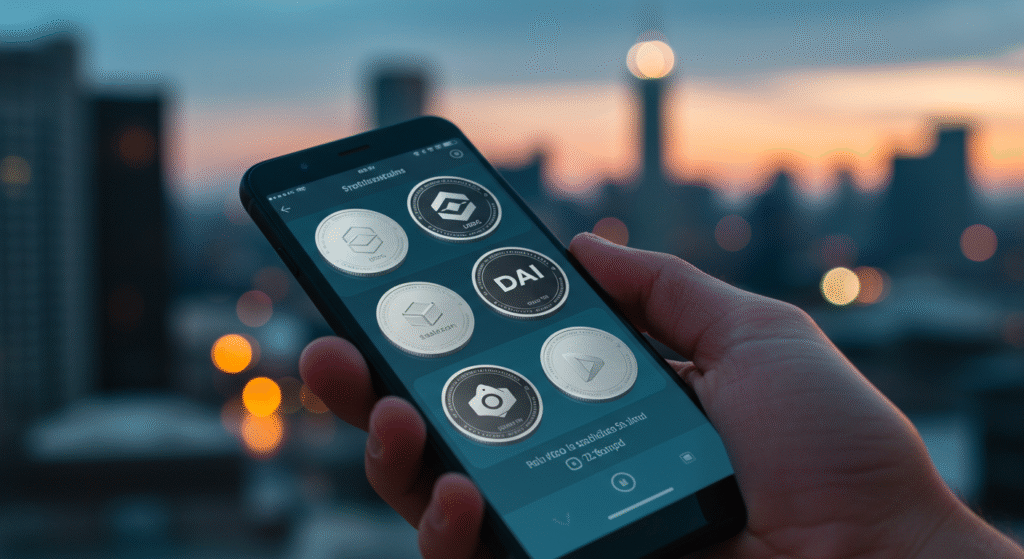 Stable coins2 logos de criptomonedas estables en la pantalla de un smarthphone