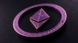 Logo de Ehereum en color lila con fondo negro