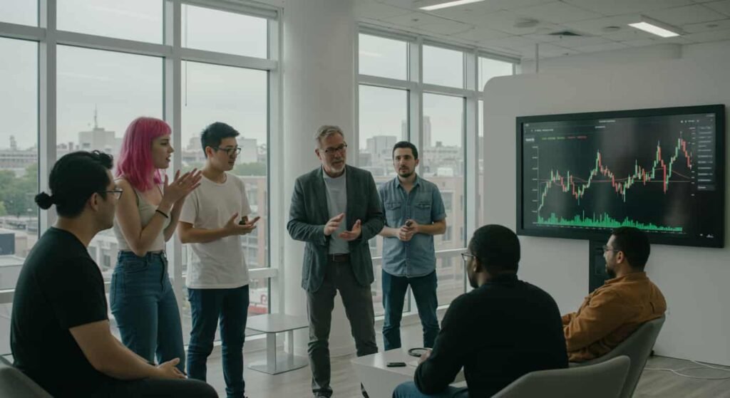 Mejores criptomonedas para invertir en 2025, opiniones de un grupo de personas debatiendo sobre cual es la mejor criptomoneda para invertir