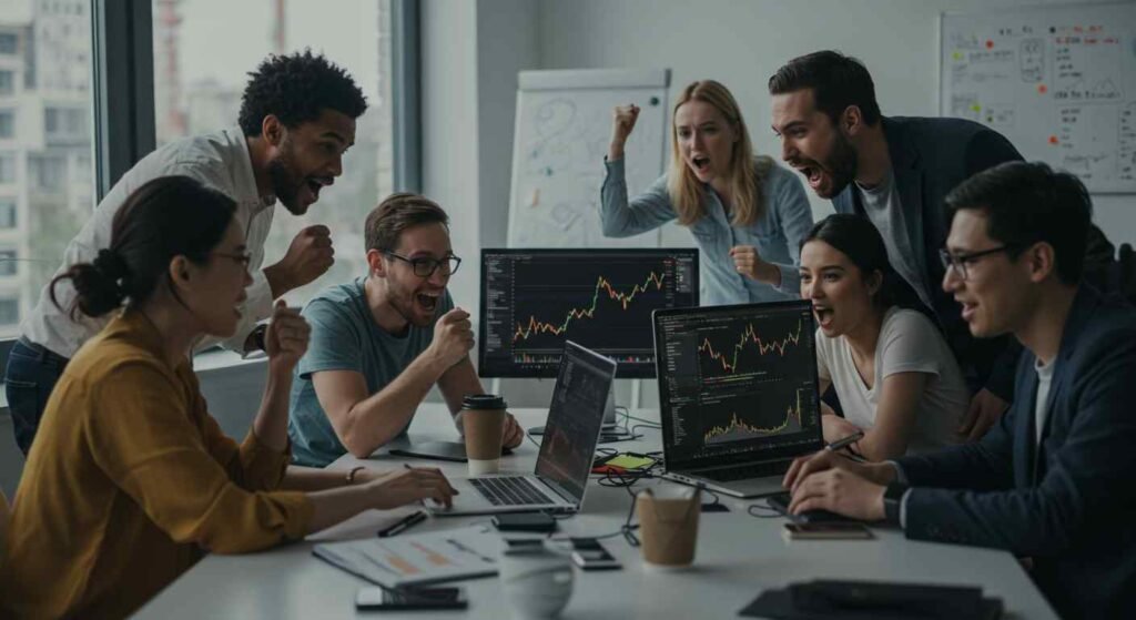 mejores criptomonedas para invertir a corto plazo, grupo de inversores operando en momentos de volatilidad